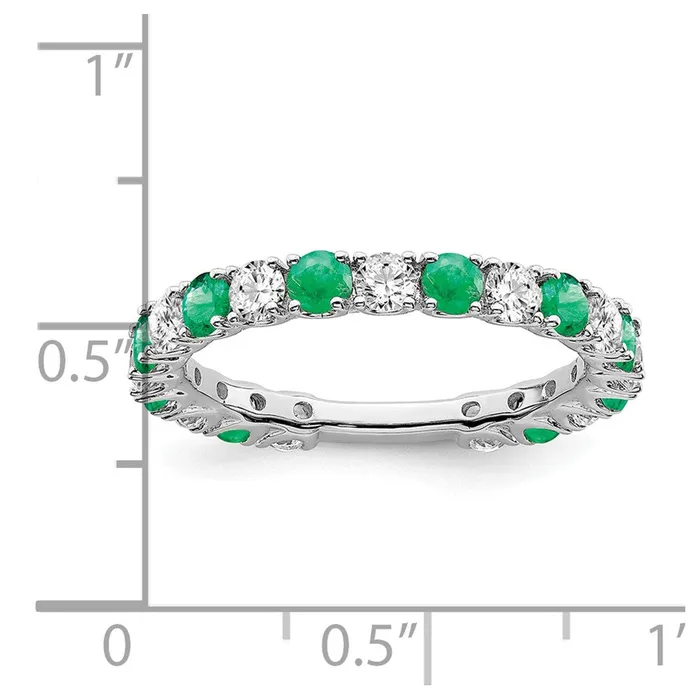 Goldia Rings Solid 14k White Gold Created Simulated Emerald and CZ Band