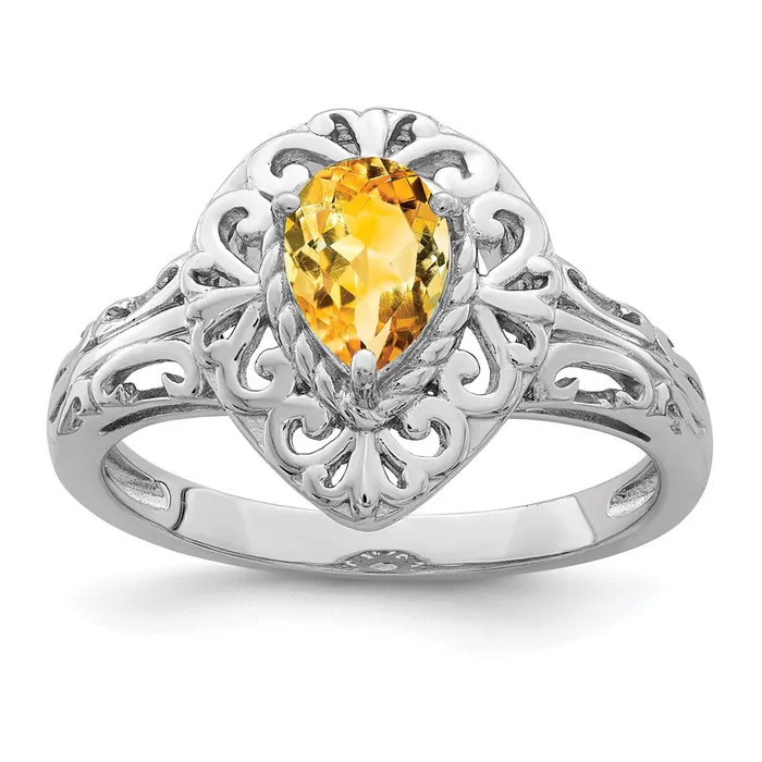 Goldia Rings Sterling Silver Rhodium Plated Citrine Teardrop Ring
