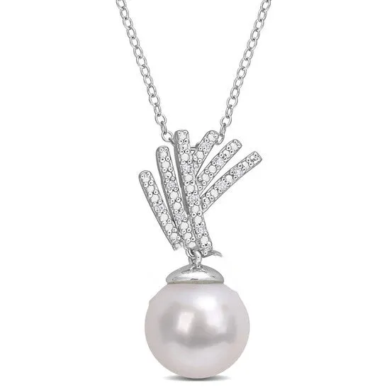 JMS always Necklaces Original AMOUR 1112mm Freshwater Cultured Pearl and Diamond Accent Drop Pendant with Chain In Sterling Silver JMS always Necklaces Original AMOUR 1112mm Freshwater Cultured Pearl and Diamond Accent Drop Pendant with Chain In Sterling Silver