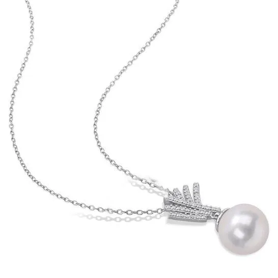 JMS always Necklaces Original AMOUR 1112mm Freshwater Cultured Pearl and Diamond Accent Drop Pendant with Chain In Sterling Silver JMS always Necklaces Original AMOUR 1112mm Freshwater Cultured Pearl and Diamond Accent Drop Pendant with Chain In Sterling Silver