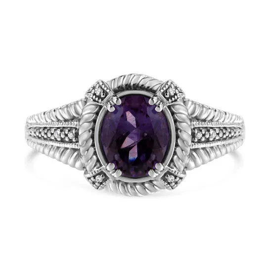 JMS always Rings Original 925 Sterling Silver Prong Set Natural Oval Shape 9X7 MM Purple Amethyst Solitaire and Diamond Accent Ring JMS always Rings Original 925 Sterling Silver Prong Set Natural Oval Shape 9X7 MM Purple Amethyst Solitaire and Diamond Accent Ring