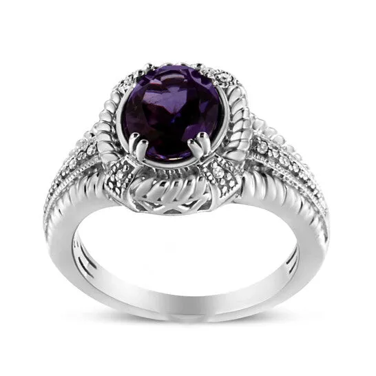JMS always Rings Original 925 Sterling Silver Prong Set Natural Oval Shape 9X7 MM Purple Amethyst Solitaire and Diamond Accent Ring JMS always Rings Original 925 Sterling Silver Prong Set Natural Oval Shape 9X7 MM Purple Amethyst Solitaire and Diamond Accent Ring