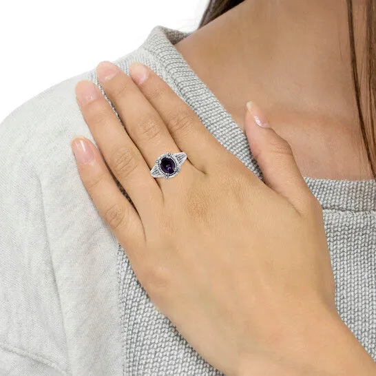 JMS always Rings Original 925 Sterling Silver Prong Set Natural Oval Shape 9X7 MM Purple Amethyst Solitaire and Diamond Accent Ring JMS always Rings Original 925 Sterling Silver Prong Set Natural Oval Shape 9X7 MM Purple Amethyst Solitaire and Diamond Accent Ring