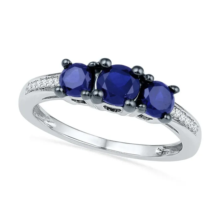 LabCreated Blue Sapphire and Diamond Accent Three Stone Ring in Sterling Silver Goldia Rings LabCreated Blue Sapphire and Diamond Accent Three Stone Ring in Sterling Silver Goldia Rings