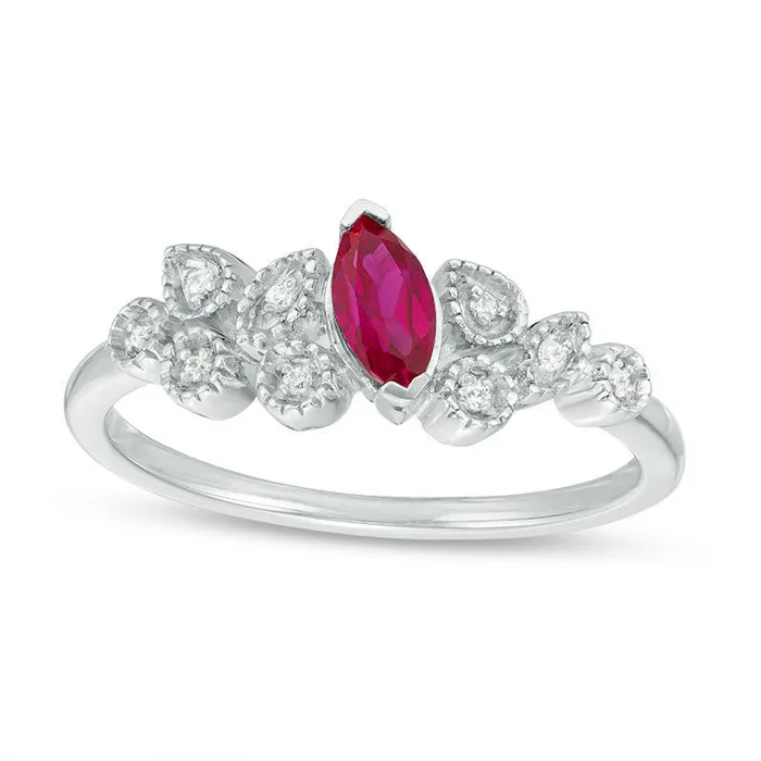 Marquise LabCreated Ruby and Diamond Accent Slant Cluster Antique VintageStyle Promise Ring in Sterling Silver Goldia Rings Marquise LabCreated Ruby and Diamond Accent Slant Cluster Antique VintageStyle Promise Ring in Sterling Silver Goldia Rings