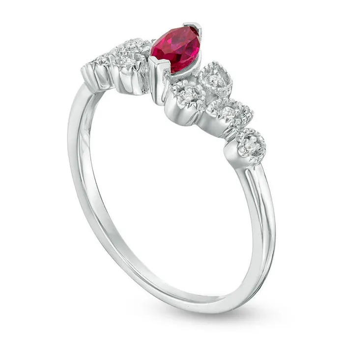Marquise LabCreated Ruby and Diamond Accent Slant Cluster Antique VintageStyle Promise Ring in Sterling Silver Goldia Rings Marquise LabCreated Ruby and Diamond Accent Slant Cluster Antique VintageStyle Promise Ring in Sterling Silver Goldia Rings