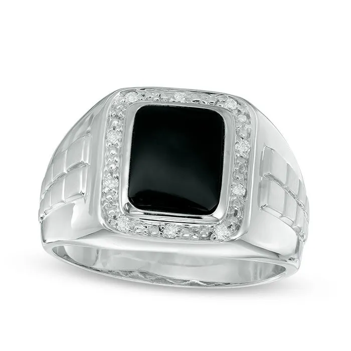 Mens Rectangular Onyx and 010 CT TW Natural Diamond Ring in Solid 10K White Gold Goldia Rings Mens Rectangular Onyx and 010 CT TW Natural Diamond Ring in Solid 10K White Gold Goldia Rings
