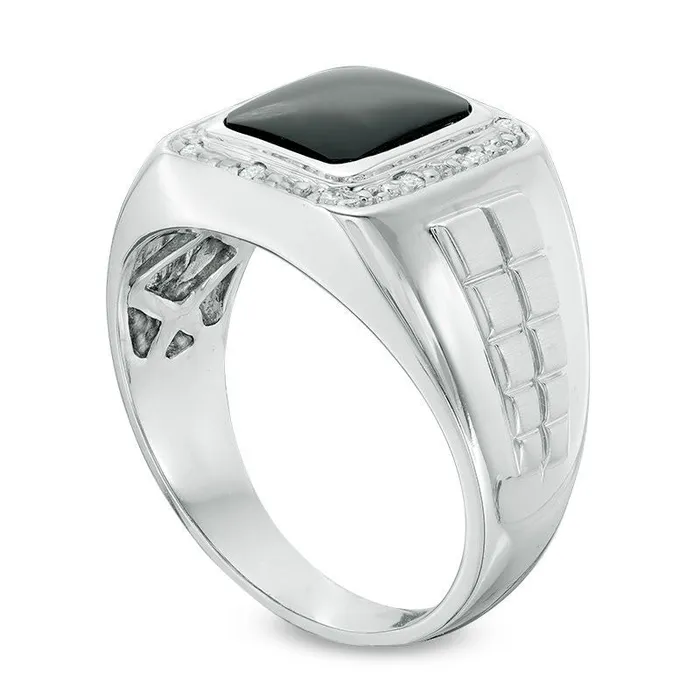 Mens Rectangular Onyx and 010 CT TW Natural Diamond Ring in Solid 10K White Gold Goldia Rings Mens Rectangular Onyx and 010 CT TW Natural Diamond Ring in Solid 10K White Gold Goldia Rings