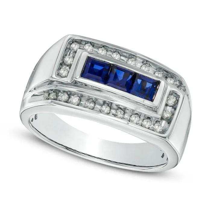 Mens SquareCut LabCreated Blue Sapphire and 025 CT TW Diamond Ring in Solid 10K White Gold Goldia Rings Mens SquareCut LabCreated Blue Sapphire and 025 CT TW Diamond Ring in Solid 10K White Gold Goldia Rings