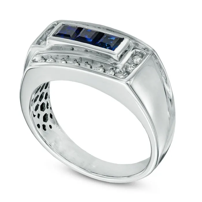 Mens SquareCut LabCreated Blue Sapphire and 025 CT TW Diamond Ring in Solid 10K White Gold Goldia Rings Mens SquareCut LabCreated Blue Sapphire and 025 CT TW Diamond Ring in Solid 10K White Gold Goldia Rings