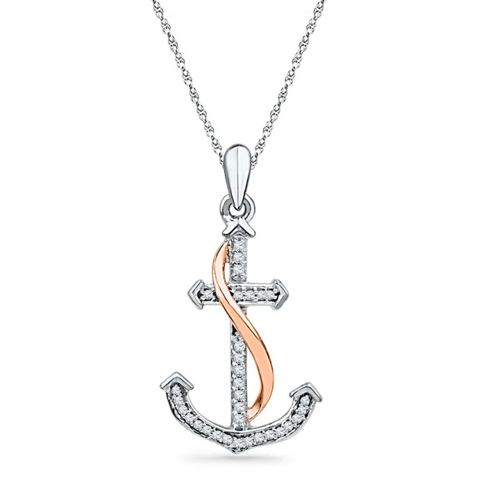 Necklaces 01 CT TW Natural Diamond Anchor Pendant in Sterling Silver and 10K Rose Gold Goldia