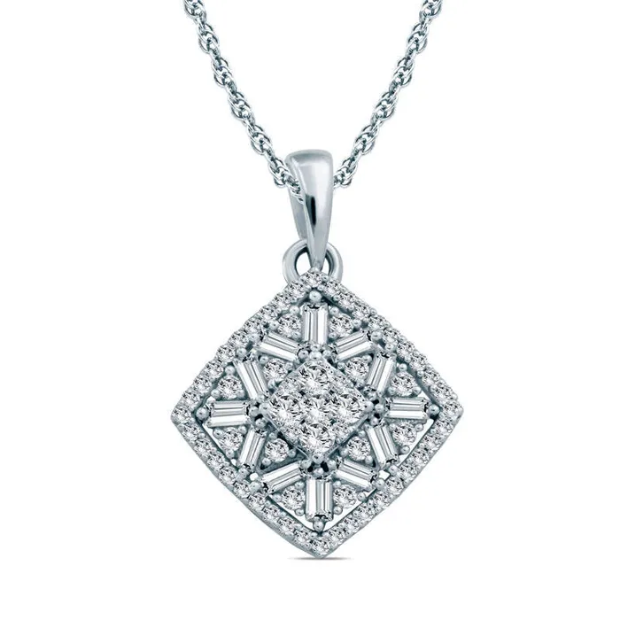 Necklaces 05 CT TW Composite Baguette and Round Natural Diamond Tilted Cushion Frame Pendant in 10K White Gold Goldia