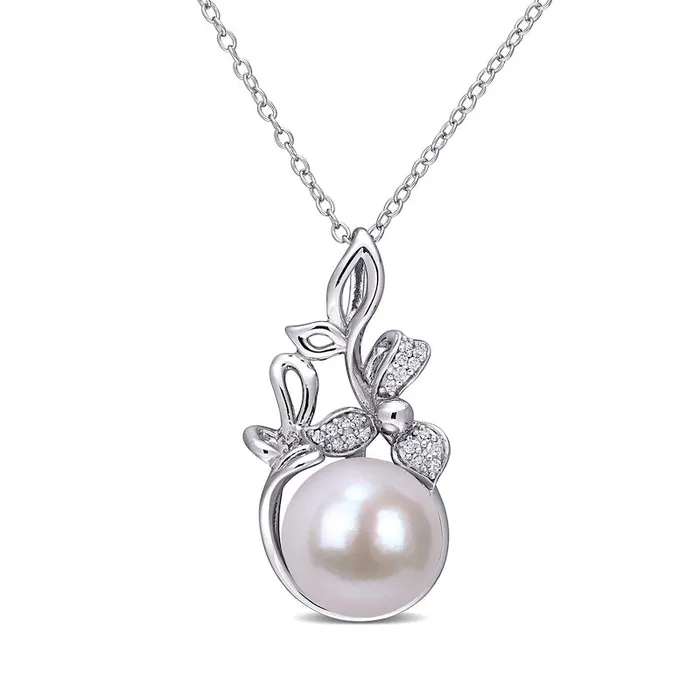 Necklaces Goldia 110120mm Cultured Freshwater Pearl and 007 CT TW Natural Diamond Flower Pendant in Sterling Silver Necklaces Goldia 110120mm Cultured Freshwater Pearl and 007 CT TW Natural Diamond Flower Pendant in Sterling Silver