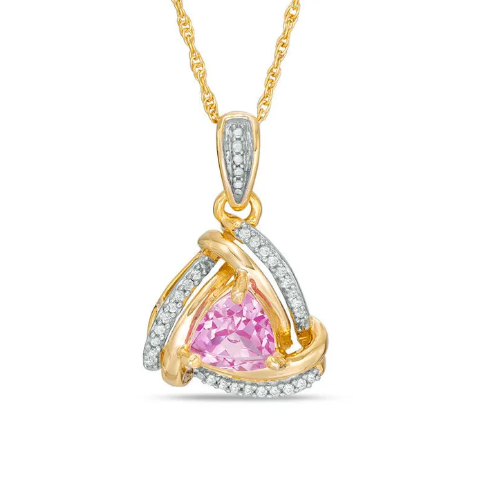 Necklaces Goldia 60mm TrillionCut LabCreated Pink Sapphire and Diamond Accent Swirl Frame Pendant in 10K Yellow Gold Necklaces Goldia 60mm TrillionCut LabCreated Pink Sapphire and Diamond Accent Swirl Frame Pendant in 10K Yellow Gold