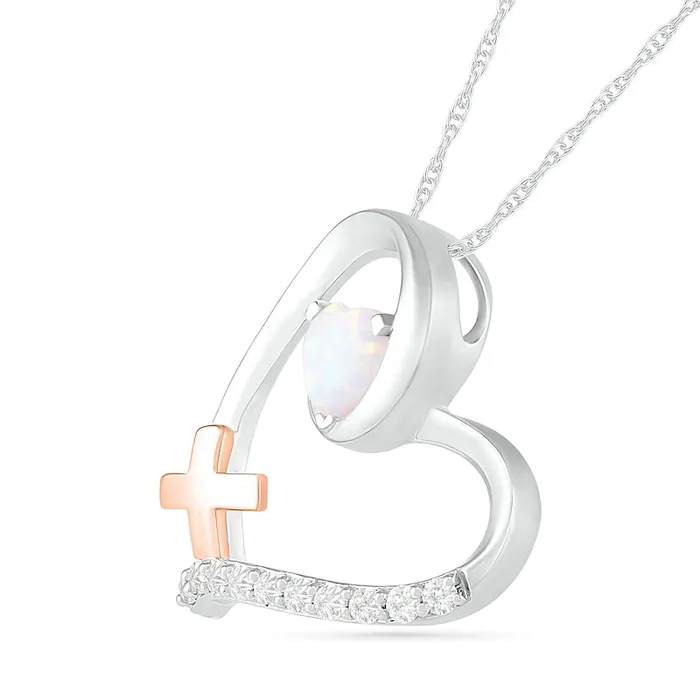 Necklaces Goldia LabCreated Opal and White Sapphire Loop Heart Outline with Greek Cross Pendant in Sterling Silver and 10K Rose Gold Necklaces Goldia LabCreated Opal and White Sapphire Loop Heart Outline with Greek Cross Pendant in Sterling Silver and 10K Rose Gold