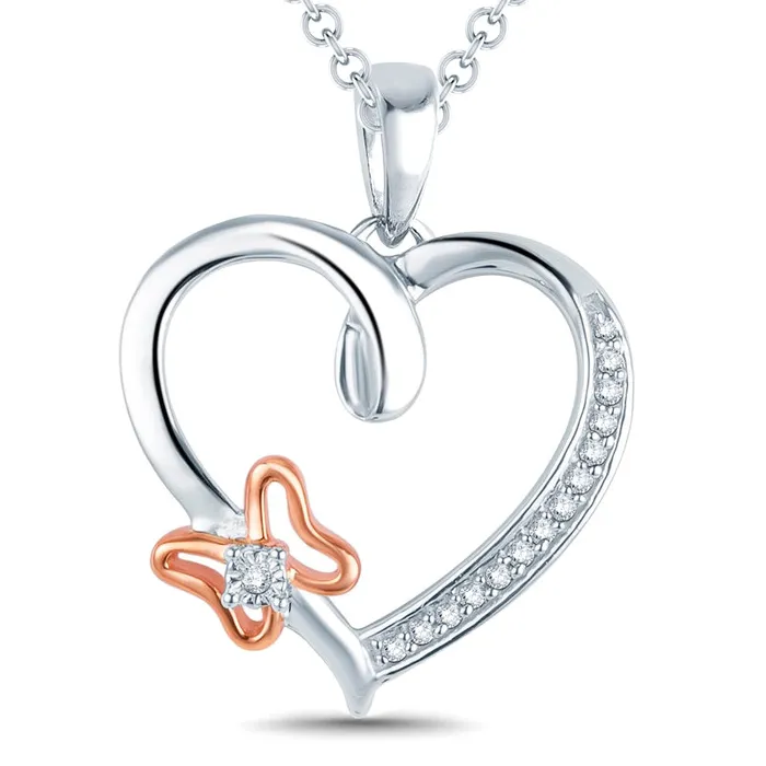 Necklaces Goldia Natural Diamond Accent Heart with Butterfly Pendant in Sterling Silver and 14K Rose Gold Plate Necklaces Goldia Natural Diamond Accent Heart with Butterfly Pendant in Sterling Silver and 14K Rose Gold Plate