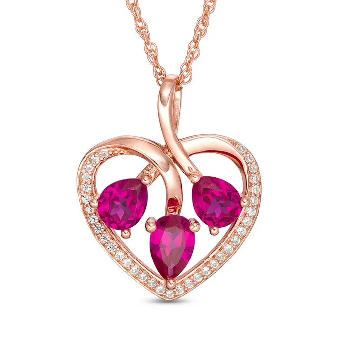 Necklaces PearShaped LabCreated Ruby and White Sapphire Three Stone Heart Pendant in Sterling Silver with 14K Rose Gold Goldia Necklaces PearShaped LabCreated Ruby and White Sapphire Three Stone Heart Pendant in Sterling Silver with 14K Rose Gold Goldia