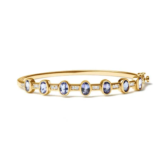 Original 14K Yellow Gold 13 Cttw RoundCut Diamond and 5MM OvalCut Blue Tanzanite Gemstone Bangle Bracelet HI Color I1I2 Clarity JMS always Bracelets