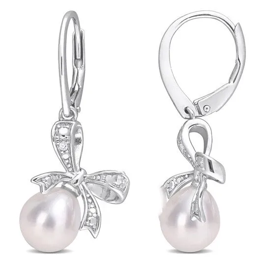 Original AMOUR 758mm Freshwater Cultured Pearl and Diamond Accent Bow Leverback Earrings In Sterling Silver JMS always Earrings Original AMOUR 758mm Freshwater Cultured Pearl and Diamond Accent Bow Leverback Earrings In Sterling Silver JMS always Earrings