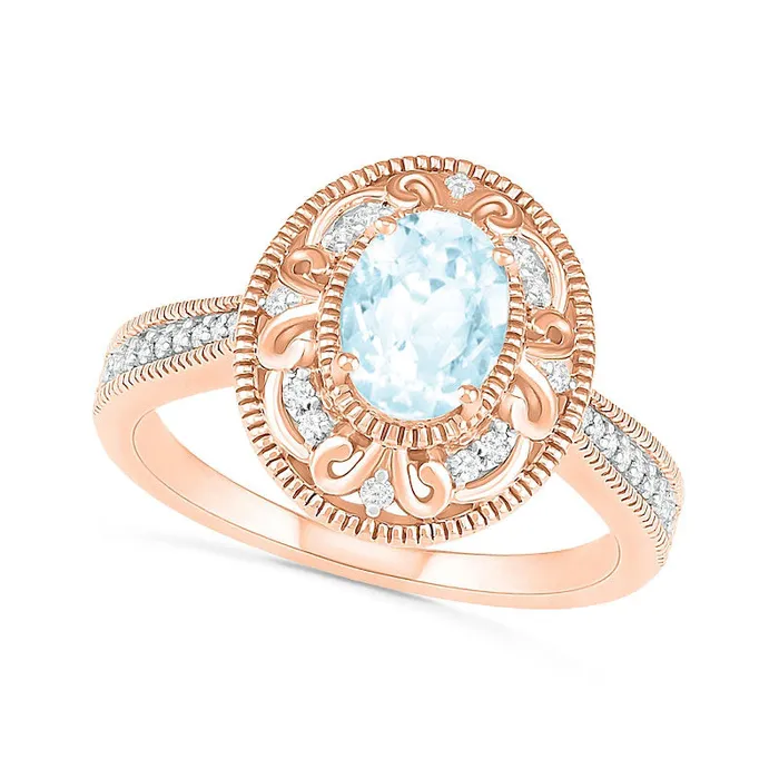 Oval Aquamarine and 013 CT TW Natural Diamond Scroll Frame Tapered Shank Antique VintageStyle Ring in Solid 10K Rose Gold Goldia Rings Oval Aquamarine and 013 CT TW Natural Diamond Scroll Frame Tapered Shank Antique VintageStyle Ring in Solid 10K Rose Gold Goldia Rings