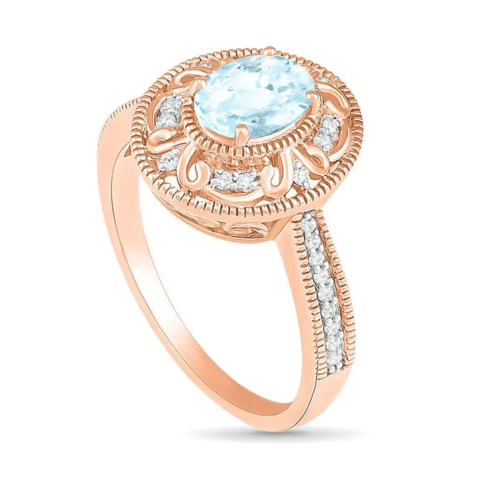 Oval Aquamarine and 013 CT TW Natural Diamond Scroll Frame Tapered Shank Antique VintageStyle Ring in Solid 10K Rose Gold Goldia Rings Oval Aquamarine and 013 CT TW Natural Diamond Scroll Frame Tapered Shank Antique VintageStyle Ring in Solid 10K Rose Gold Goldia Rings