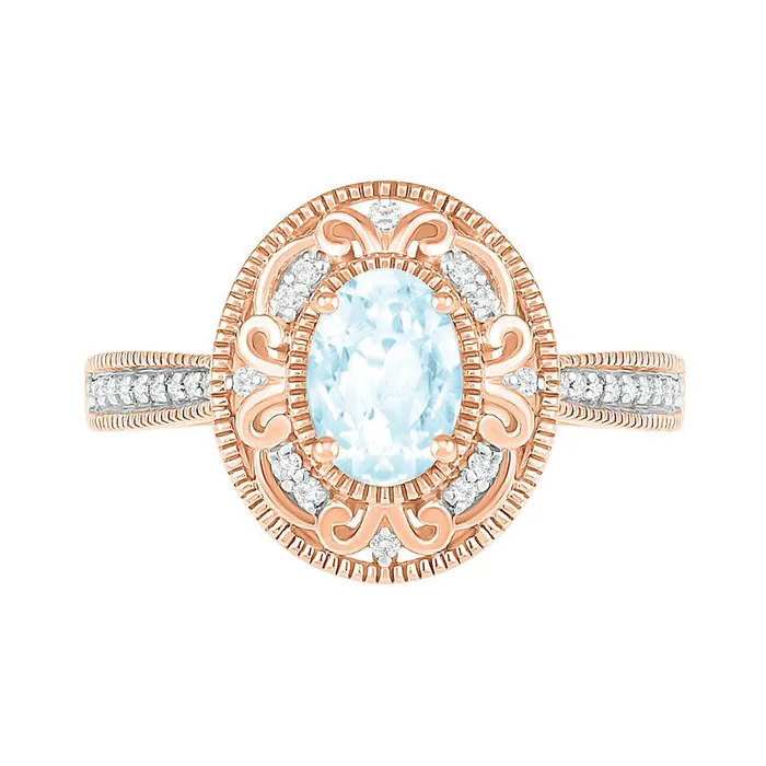 Oval Aquamarine and 013 CT TW Natural Diamond Scroll Frame Tapered Shank Antique VintageStyle Ring in Solid 10K Rose Gold Goldia Rings Oval Aquamarine and 013 CT TW Natural Diamond Scroll Frame Tapered Shank Antique VintageStyle Ring in Solid 10K Rose Gold Goldia Rings