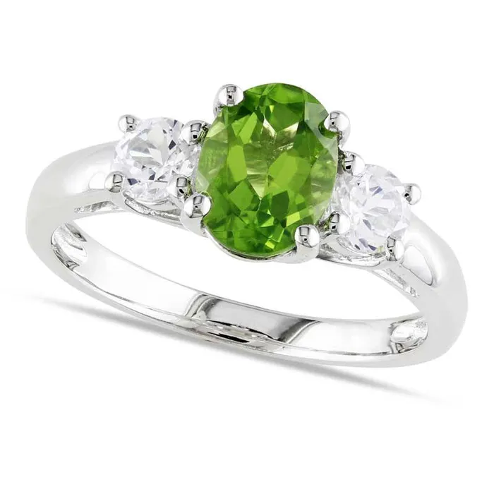 Oval Peridot and LabCreated White Sapphire Three Stone Ring in Sterling Silver Goldia Rings Oval Peridot and LabCreated White Sapphire Three Stone Ring in Sterling Silver Goldia Rings
