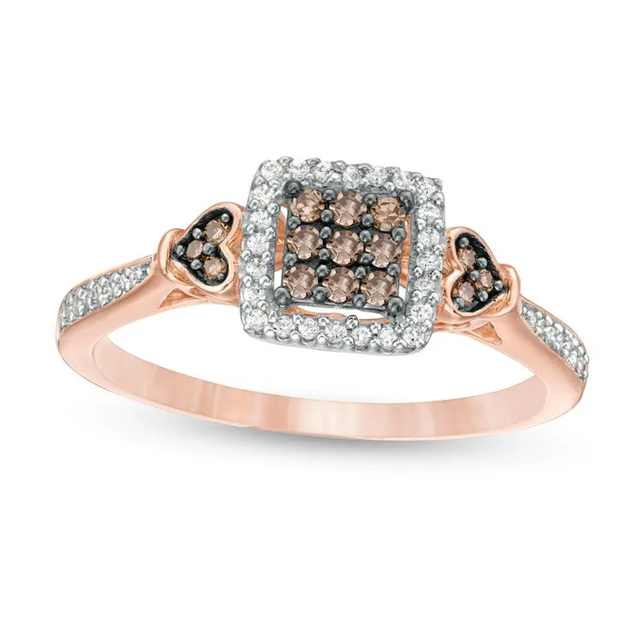 Rings 025 CT TW Champagne and White Composite Natural Diamond Square Frame HeartSides Ring in Solid 10K Rose Gold Goldia Rings 025 CT TW Champagne and White Composite Natural Diamond Square Frame HeartSides Ring in Solid 10K Rose Gold Goldia