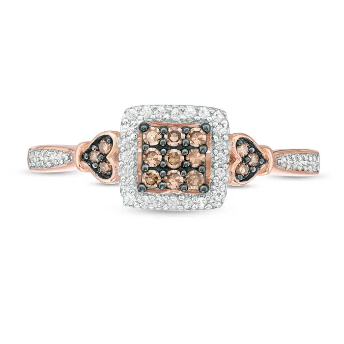 Rings 025 CT TW Champagne and White Composite Natural Diamond Square Frame HeartSides Ring in Solid 10K Rose Gold Goldia Rings 025 CT TW Champagne and White Composite Natural Diamond Square Frame HeartSides Ring in Solid 10K Rose Gold Goldia