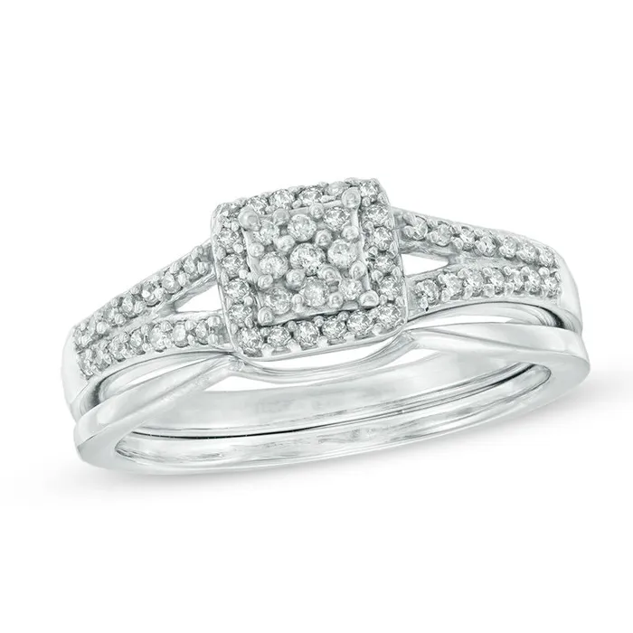 Rings 14 CT TW Diamond Square Cluster Halo Bridal Engagement Ring Set in 14K White Gold Goldiacom Rings 14 CT TW Diamond Square Cluster Halo Bridal Engagement Ring Set in 14K White Gold Goldiacom