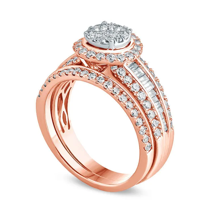 Rings 15 CT TW Baguette and Round Composite Natural Diamond Frame Bridal Engagement Ring Set in Solid 14K Rose Gold Goldia Rings 15 CT TW Baguette and Round Composite Natural Diamond Frame Bridal Engagement Ring Set in Solid 14K Rose Gold Goldia