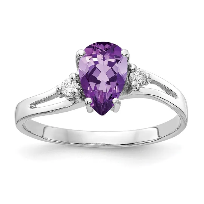 Rings 14k White Gold 7x5mm Pear Amethyst AAA Diamond ring Goldia