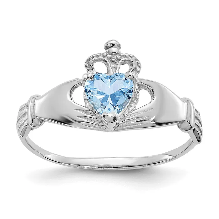 Rings 14k White Gold CZ March Birthstone Claddagh Heart Ring Goldia