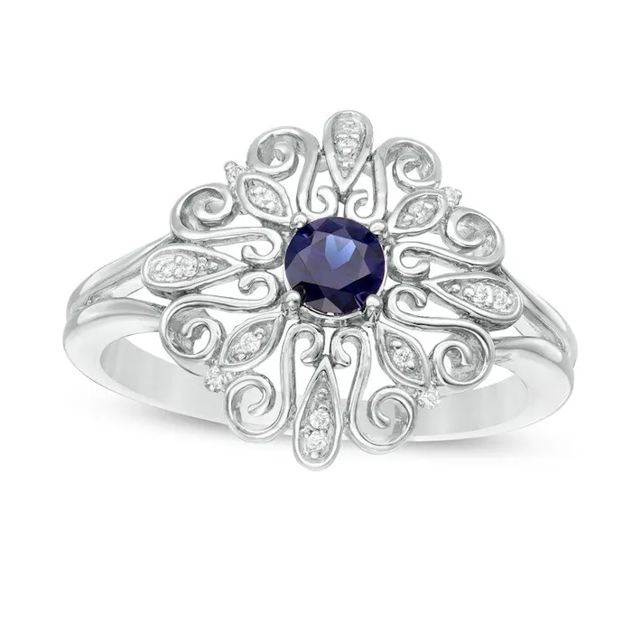 Rings 40mm LabCreated Blue Sapphire and Diamond Accent Filigree Scroll Split Shank Ring in Sterling Silver Goldia Rings 40mm LabCreated Blue Sapphire and Diamond Accent Filigree Scroll Split Shank Ring in Sterling Silver Goldia