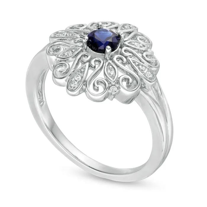 Rings 40mm LabCreated Blue Sapphire and Diamond Accent Filigree Scroll Split Shank Ring in Sterling Silver Goldia Rings 40mm LabCreated Blue Sapphire and Diamond Accent Filigree Scroll Split Shank Ring in Sterling Silver Goldia