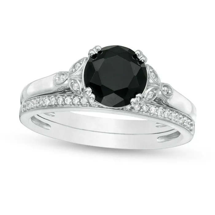 Rings 80mm Black Sapphire and 010 CT TW Natural Diamond Leaf Sides Bridal Engagement Ring Set in Solid 10K White Gold Goldia Rings 80mm Black Sapphire and 010 CT TW Natural Diamond Leaf Sides Bridal Engagement Ring Set in Solid 10K White Gold Goldia