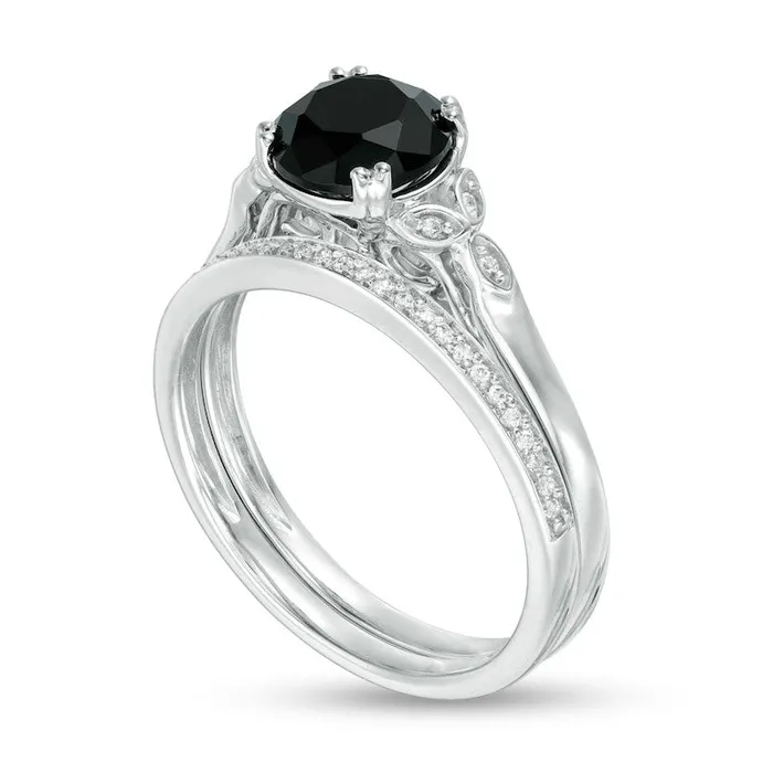 Rings 80mm Black Sapphire and 010 CT TW Natural Diamond Leaf Sides Bridal Engagement Ring Set in Solid 10K White Gold Goldia Rings 80mm Black Sapphire and 010 CT TW Natural Diamond Leaf Sides Bridal Engagement Ring Set in Solid 10K White Gold Goldia