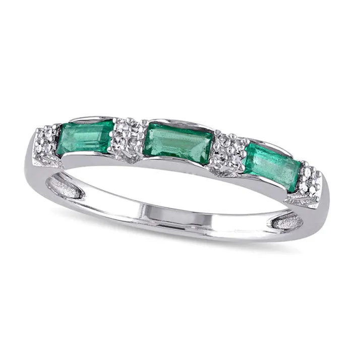 Rings Baguette Emerald and Natural Diamond Accent Three Stone Band in Solid 10K White Gold Goldia Rings Baguette Emerald and Natural Diamond Accent Three Stone Band in Solid 10K White Gold Goldia