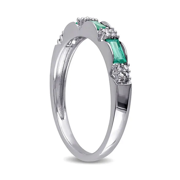 Rings Baguette Emerald and Natural Diamond Accent Three Stone Band in Solid 10K White Gold Goldia Rings Baguette Emerald and Natural Diamond Accent Three Stone Band in Solid 10K White Gold Goldia