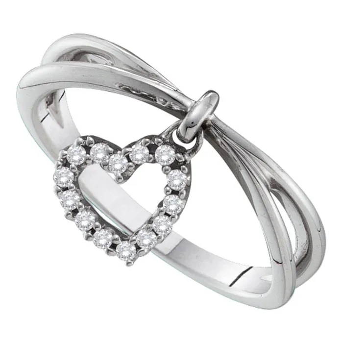 Rings gndatlanta 14k White Gold Round Diamond Heart Dangle Band Ring 110 Cttw Rings gndatlanta 14k White Gold Round Diamond Heart Dangle Band Ring 110 Cttw