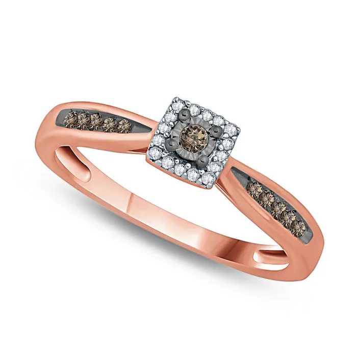 Rings Goldia 017 CT TW Champagne and White Natural Diamond Square Frame Promise Ring in Solid 10K Rose Gold Rings Goldia 017 CT TW Champagne and White Natural Diamond Square Frame Promise Ring in Solid 10K Rose Gold
