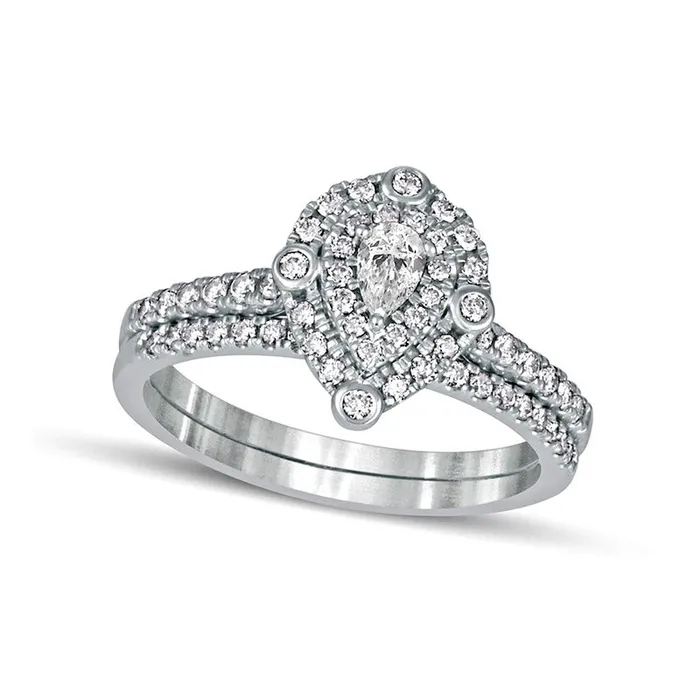 Rings Goldia 063 CT TW PearShaped Natural Diamond Double Frame Bridal Engagement Ring Set in Solid 10K White Gold Rings Goldia 063 CT TW PearShaped Natural Diamond Double Frame Bridal Engagement Ring Set in Solid 10K White Gold