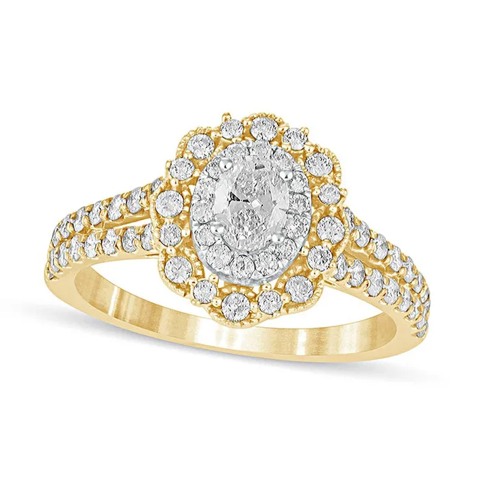 Rings Goldia 10 CT TW Oval Natural Diamond Double Scallop Frame Antique VintageStyle Engagement Ring in Solid 14K Gold Rings Goldia 10 CT TW Oval Natural Diamond Double Scallop Frame Antique VintageStyle Engagement Ring in Solid 14K Gold