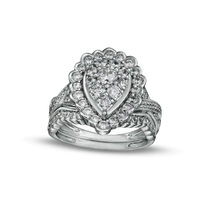 Rings Goldia 138 CT TW Composite PearShaped Natural Diamond Frame Scallop Edge Bridal Engagement Ring Set in Solid 10K White Gold Rings Goldia 138 CT TW Composite PearShaped Natural Diamond Frame Scallop Edge Bridal Engagement Ring Set in Solid 10K White Gold