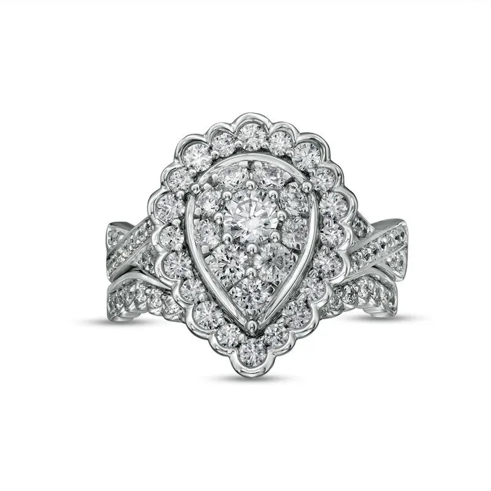 Rings Goldia 138 CT TW Composite PearShaped Natural Diamond Frame Scallop Edge Bridal Engagement Ring Set in Solid 10K White Gold Rings Goldia 138 CT TW Composite PearShaped Natural Diamond Frame Scallop Edge Bridal Engagement Ring Set in Solid 10K White Gold