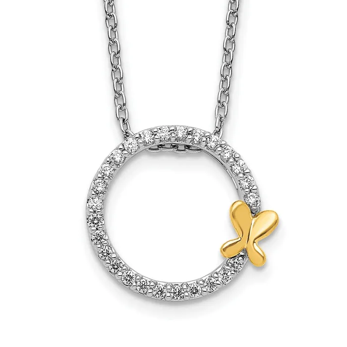 Rings Goldia 14k TwoTone Gold Real Diamond Butterfly on Circle Pendant