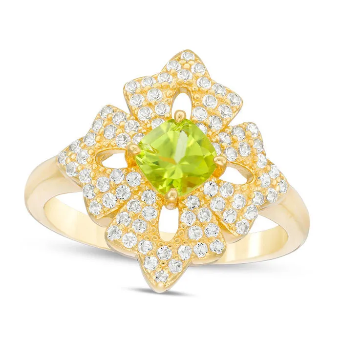 Rings Goldia 50mm CushionCut Peridot and White Topaz Floral Ring in Sterling Silver with Solid 18K Gold Plate Rings Goldia 50mm CushionCut Peridot and White Topaz Floral Ring in Sterling Silver with Solid 18K Gold Plate