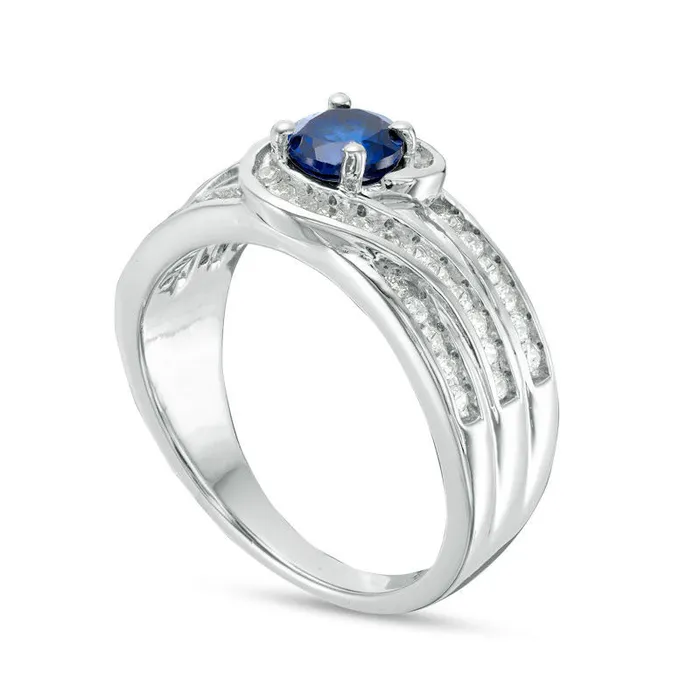 Rings Goldia 50mm LabCreated Blue Sapphire and 033 CT TW Diamond Swirl Bypass Engagement Ring in Sterling Silver Rings Goldia 50mm LabCreated Blue Sapphire and 033 CT TW Diamond Swirl Bypass Engagement Ring in Sterling Silver