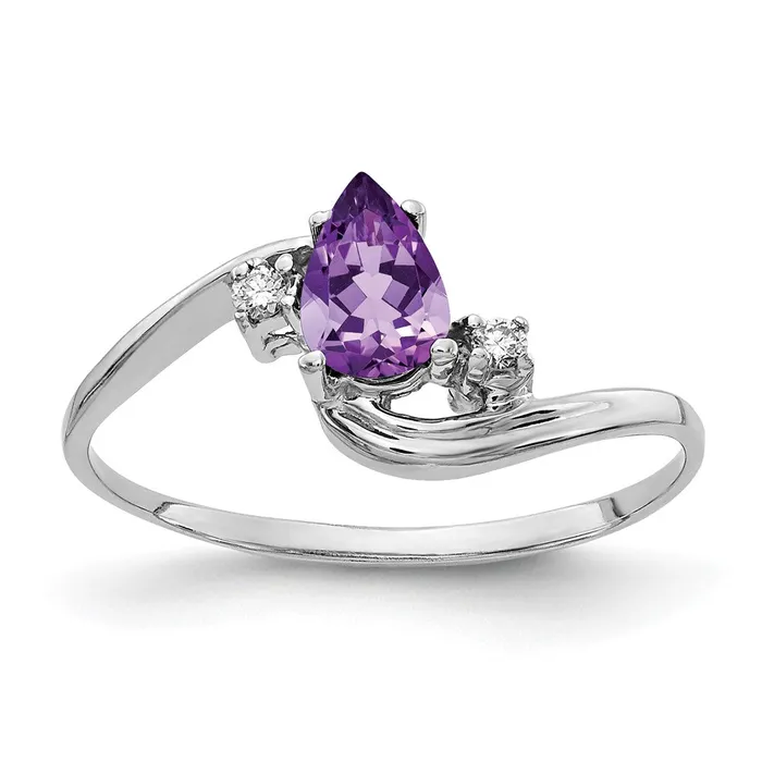 Rings Goldiacom 14k White Gold 6x4mm Pear Amethyst AA Real Diamond ring