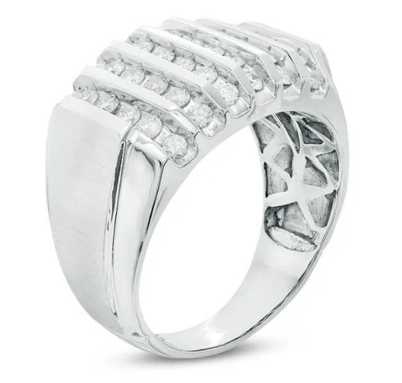 Rings Goldiacom 2329 Mens 1 CT TW Diamond Vertical MultiRow Ring in 14K White Gold